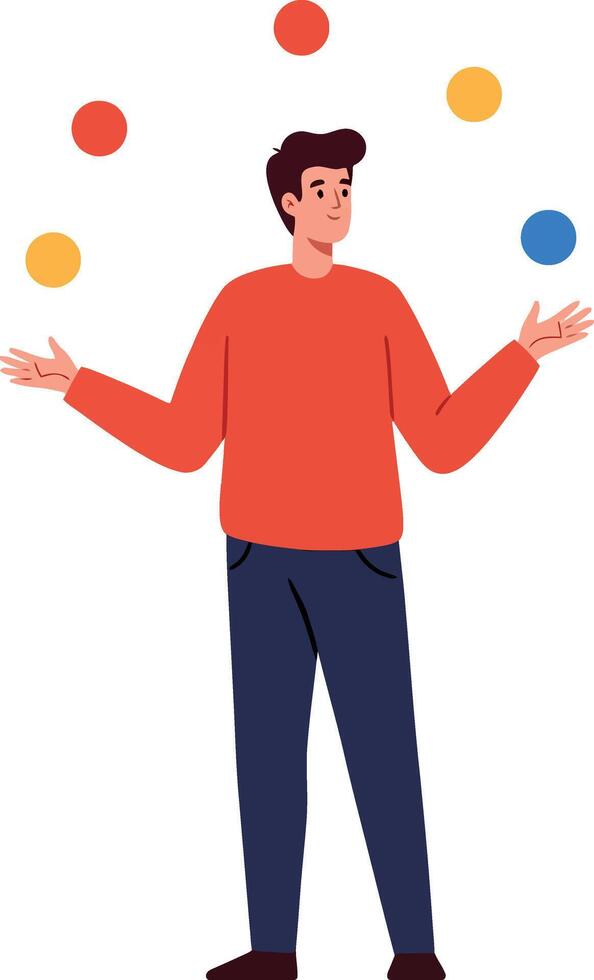 Young man juggling colorful balls in a dynamic pose with flat design style art vector