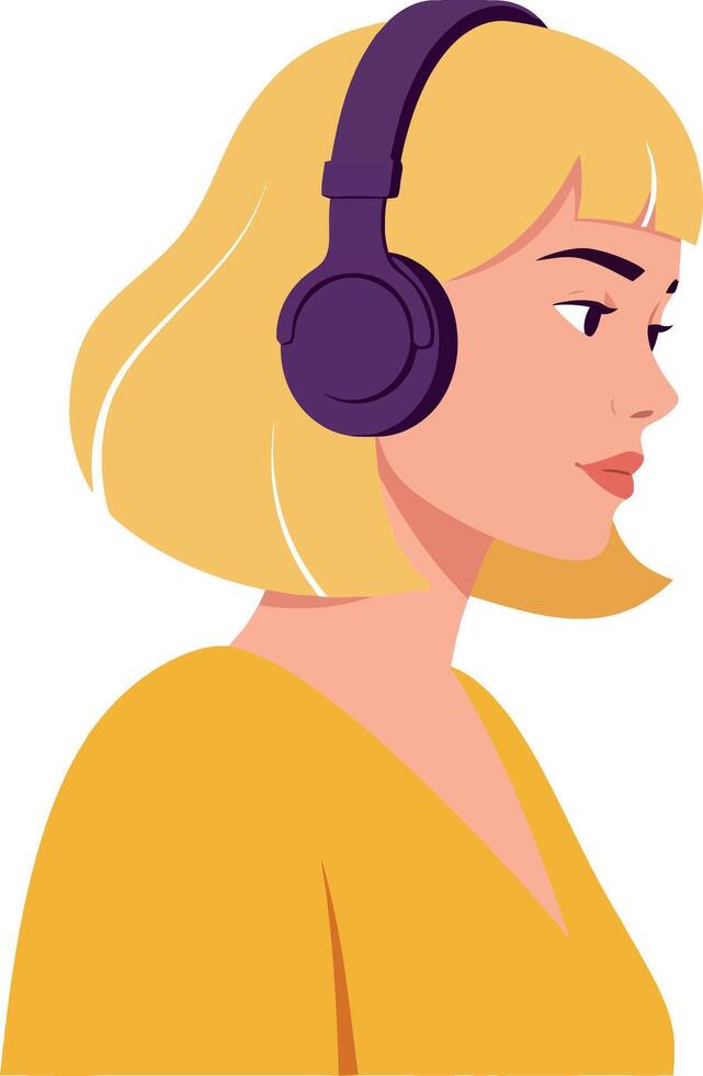 Young woman with short blonde hair wearing purple headphones in a minimal flat design art vector