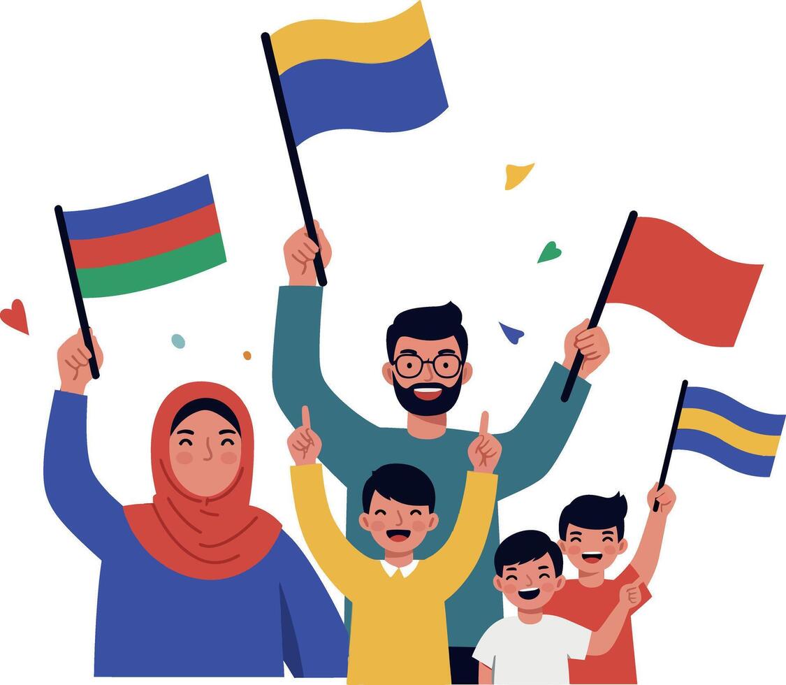 A diverse group of joyful people celebrating with colorful flags in flat art vector