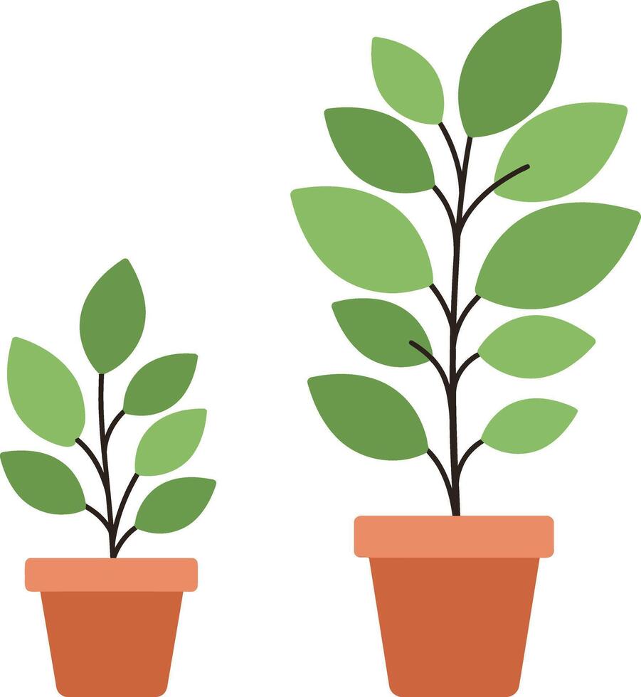 Two potted plants with vibrant green leaves in a minimal flat design illustration vector