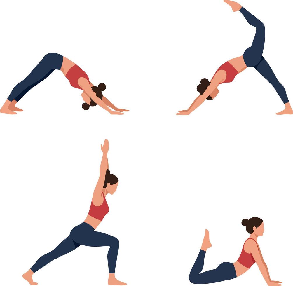 Four yoga poses illustrated in flat design style showcasing strength and flexibility in art vector