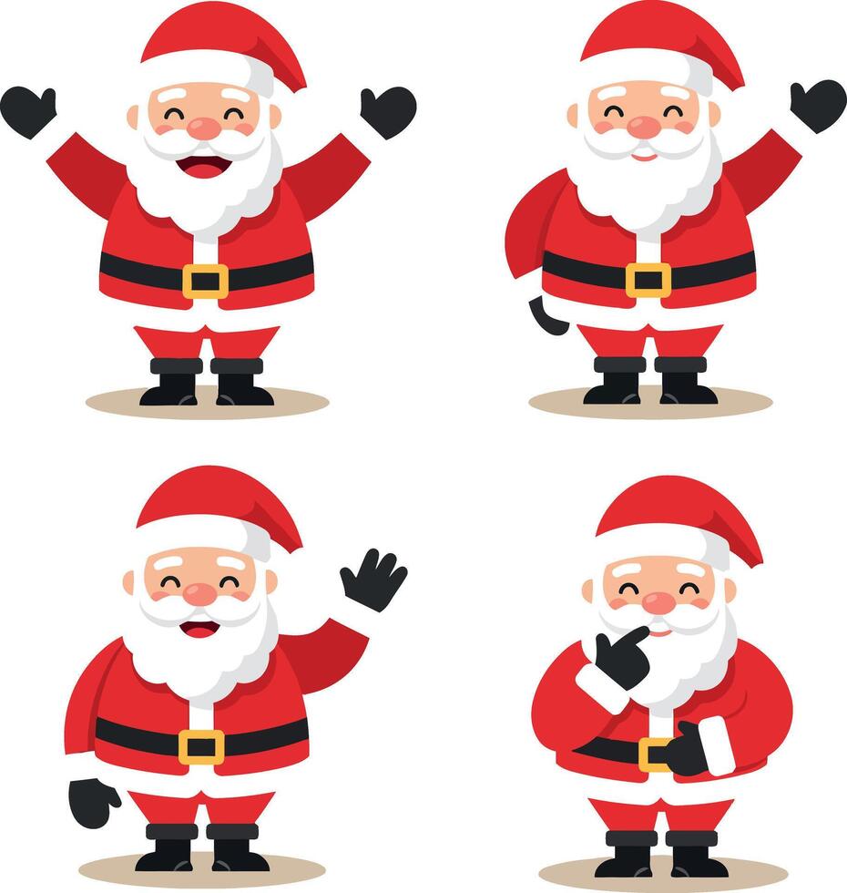 Cheerful Santa Claus in four playful poses with flat design style art vector