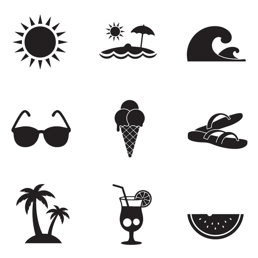 Summer fun silhouette icon bundle featuring sun beach umbrella cocktail palm tree wave surfboard and flip flops for seasonal illustrations vector