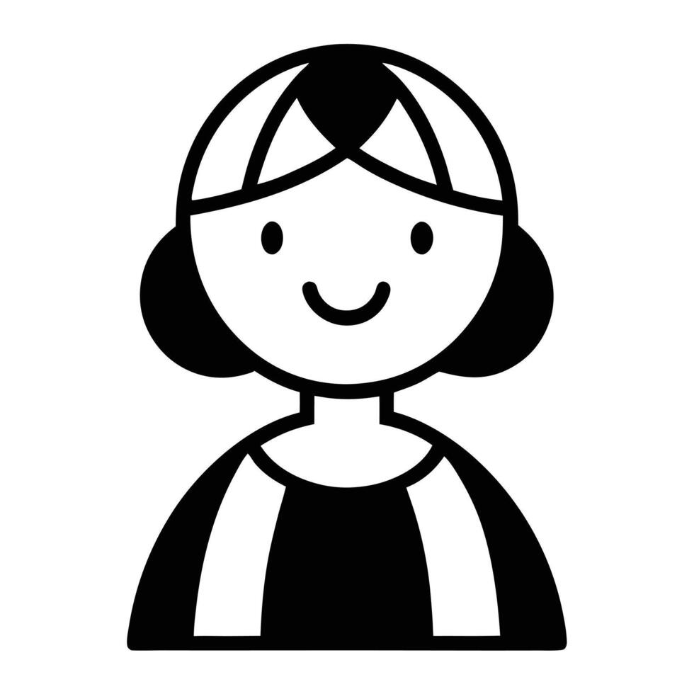 Cute Cartoon Girl With Black And White Outline Style Avatar Icon vector