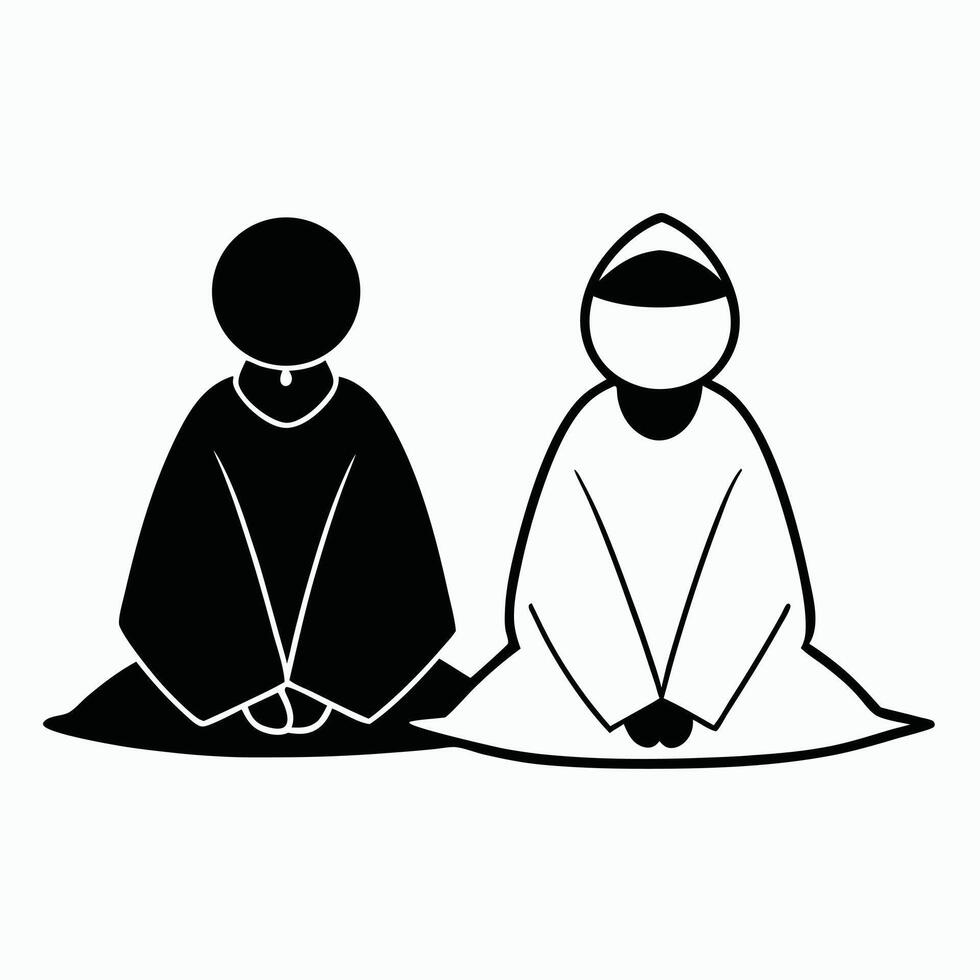 Two Minimalist Figures In Robes Sitting In Meditation Black And White vector