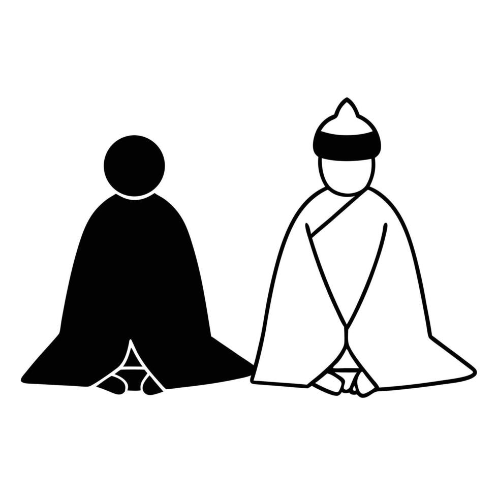 Two Monochrome Japanese Priests In Traditional Robes Line Art Illustration vector