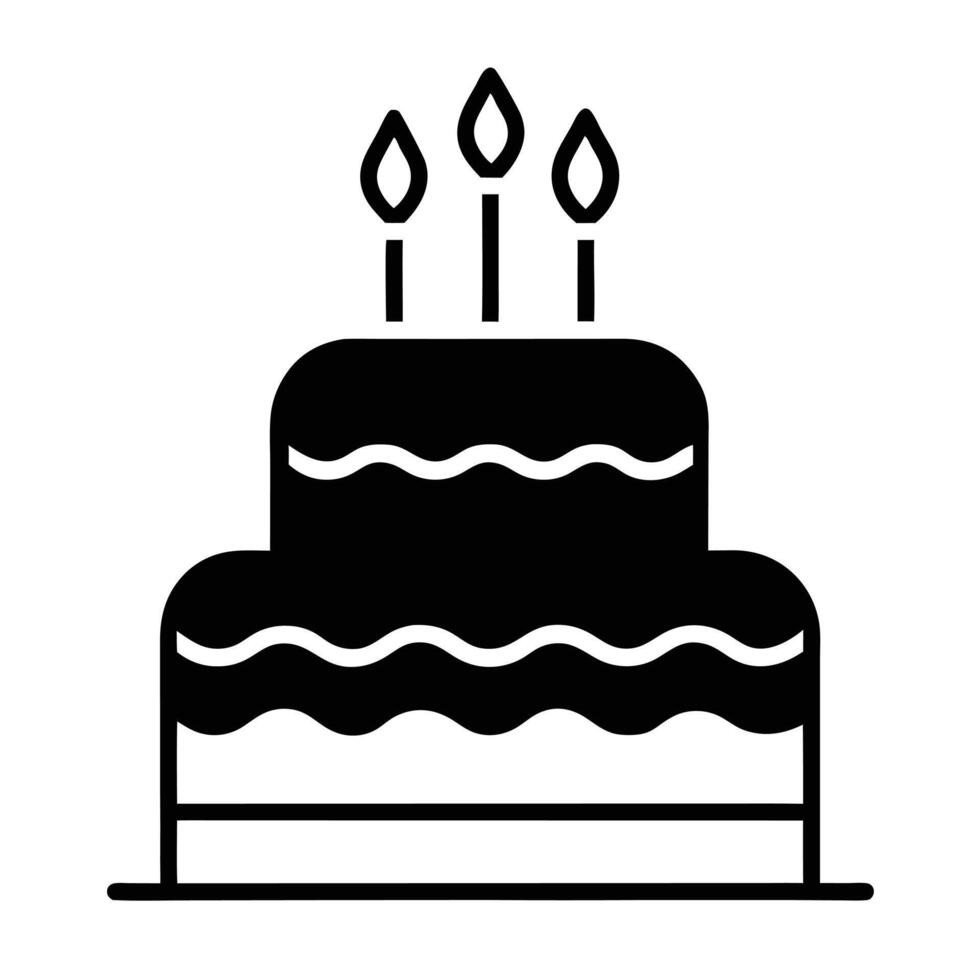 Two Layered Birthday Cake Silhouette Icon With Three Burning Candles Festive Celebration vector
