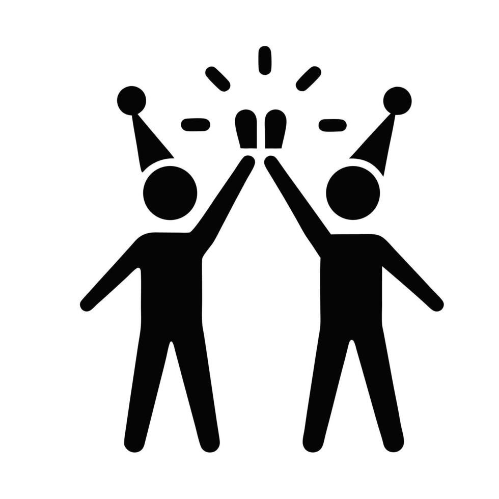 Celebration High Five Stick Figures Wearing Party Hats In Silhouette Style Illustration vector
