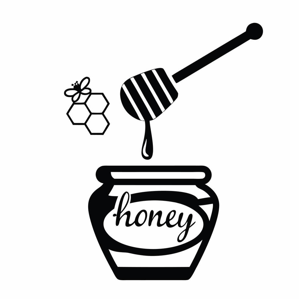 Honey Jar With Honeycomb And Dripping Dipper Black And White vector