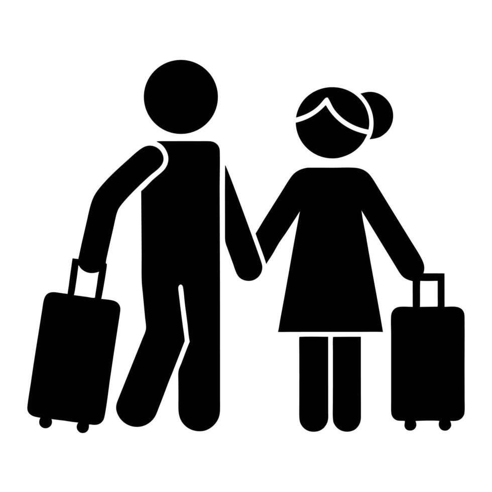 Couple Traveling Together With Luggage Minimalist Black Silhouette Design Icon vector