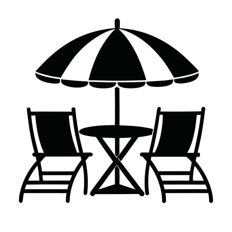 Minimalist Black And White Illustration Of Outdoor Seating Area With Umbrella vector