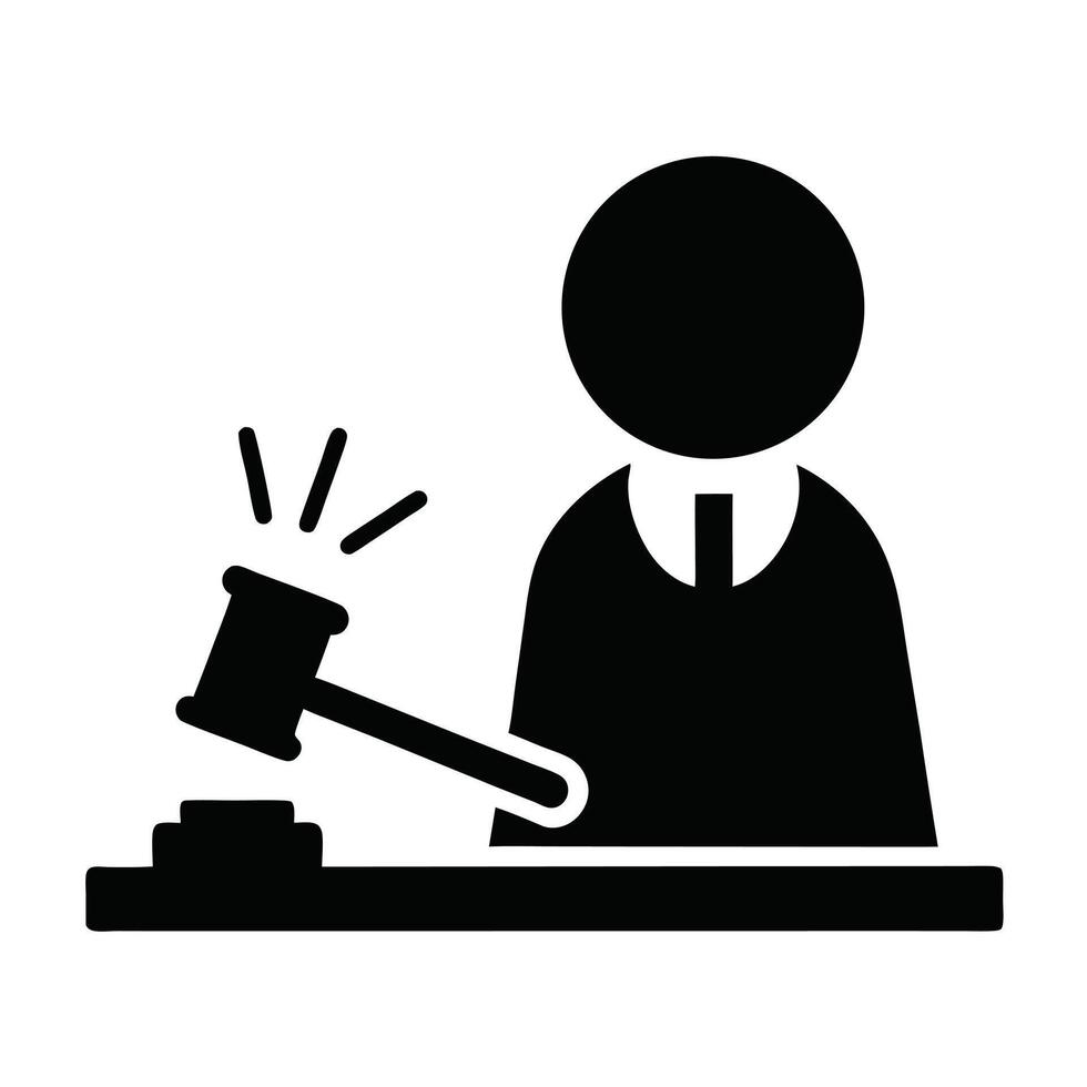 Black Silhouette Of Judge Hitting Gavel Against Block For Legal Decision vector