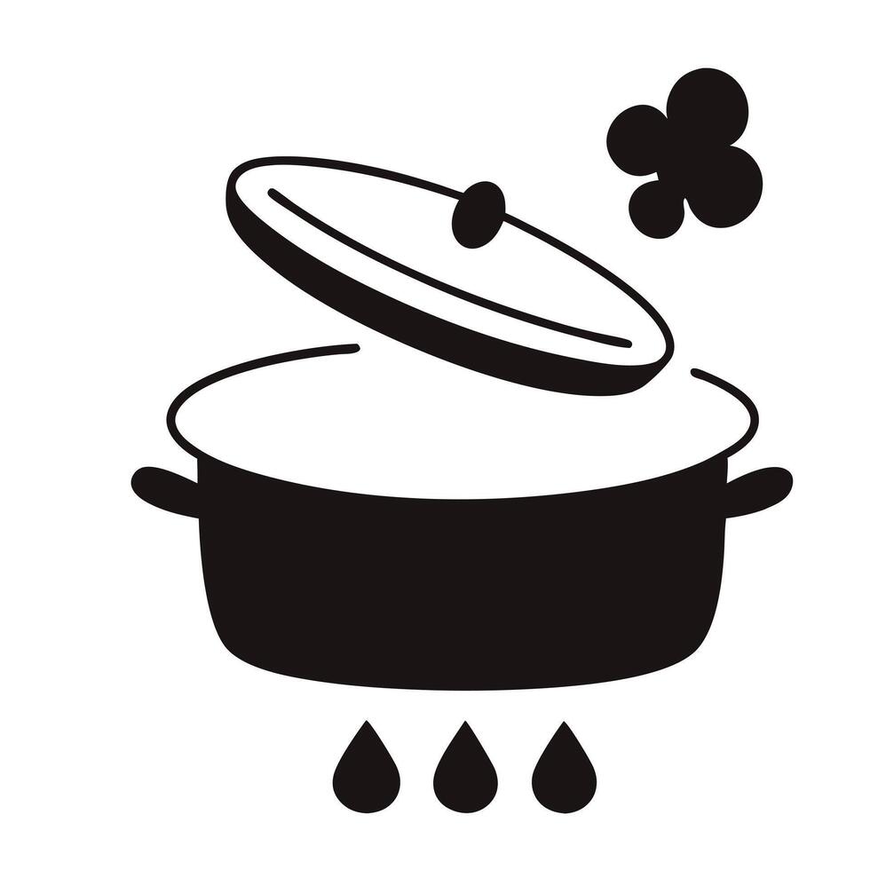Simple Black Silhouette Illustration Of A Boiling Pot With Steam And Lid vector