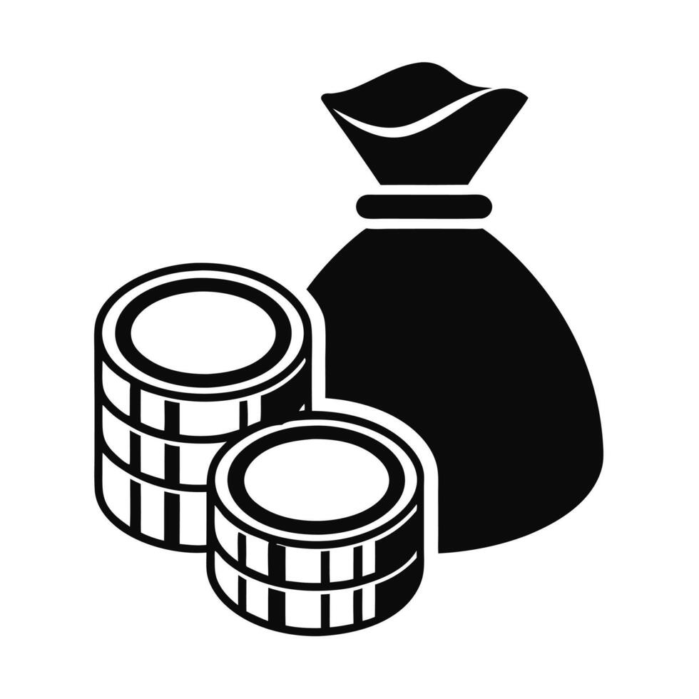 Monochrome Illustration Of Money Bag And Coin Stacks Isolated On White Background vector