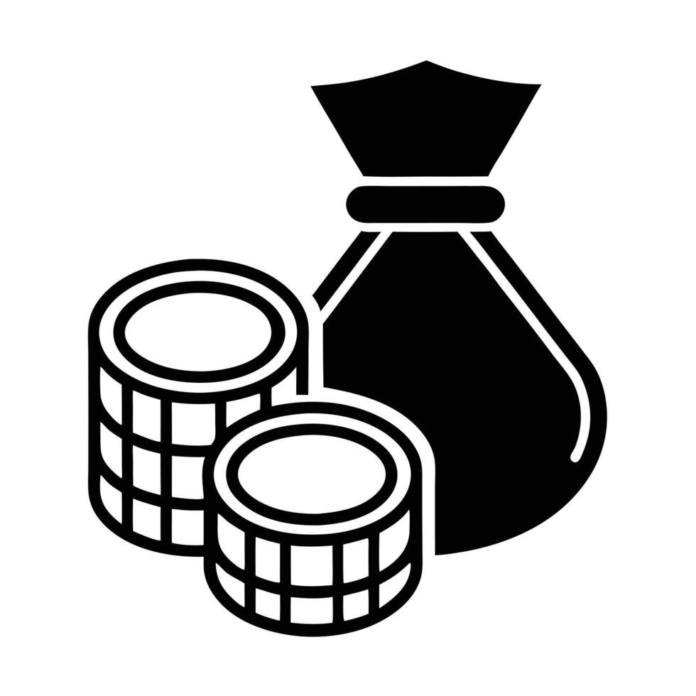 Minimalist Icon Design Of Stacked Coins And Money Bag In Black And White vector