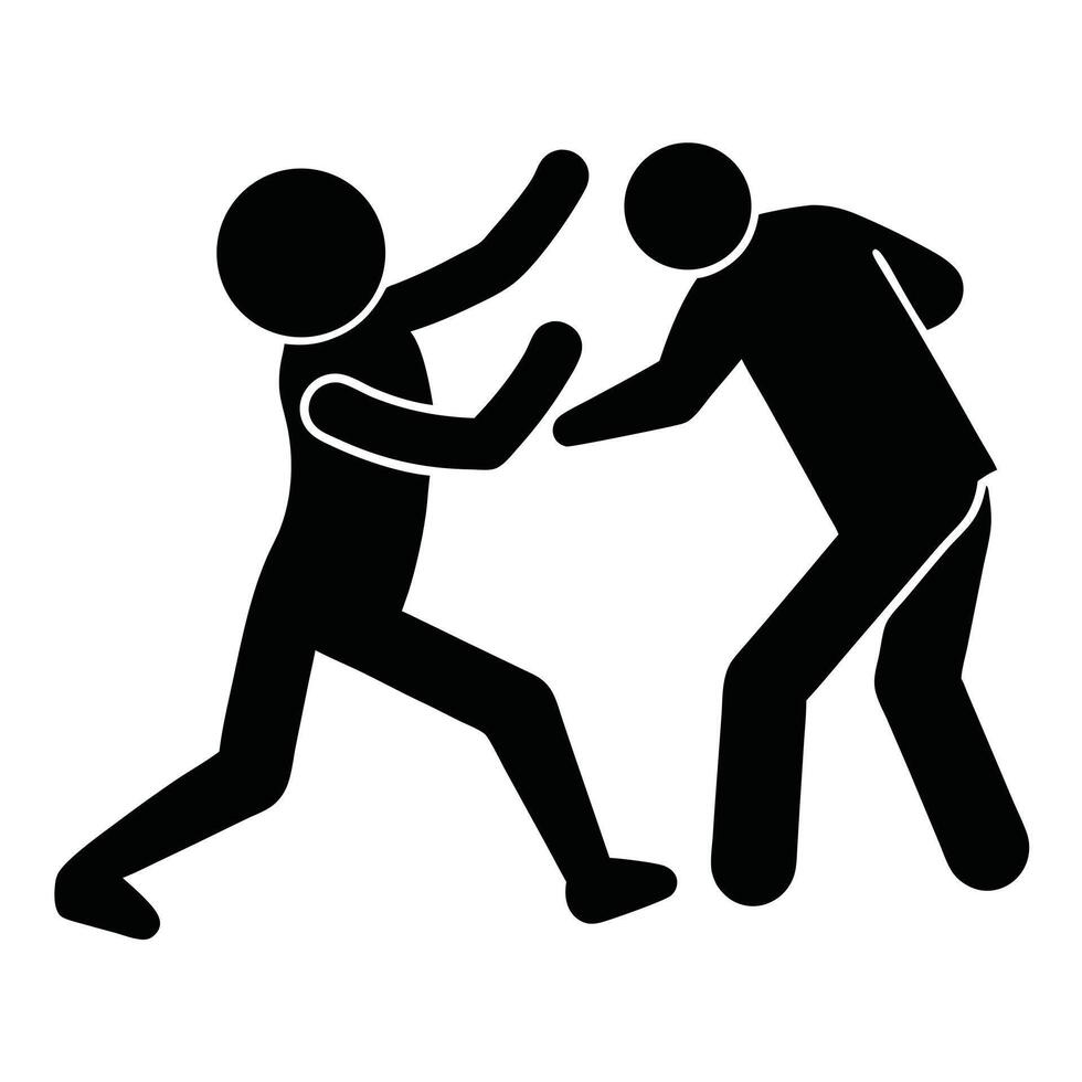 Black Silhouette Depicting Two Figures Fighting Aggressively With Raised Arms And Fists vector