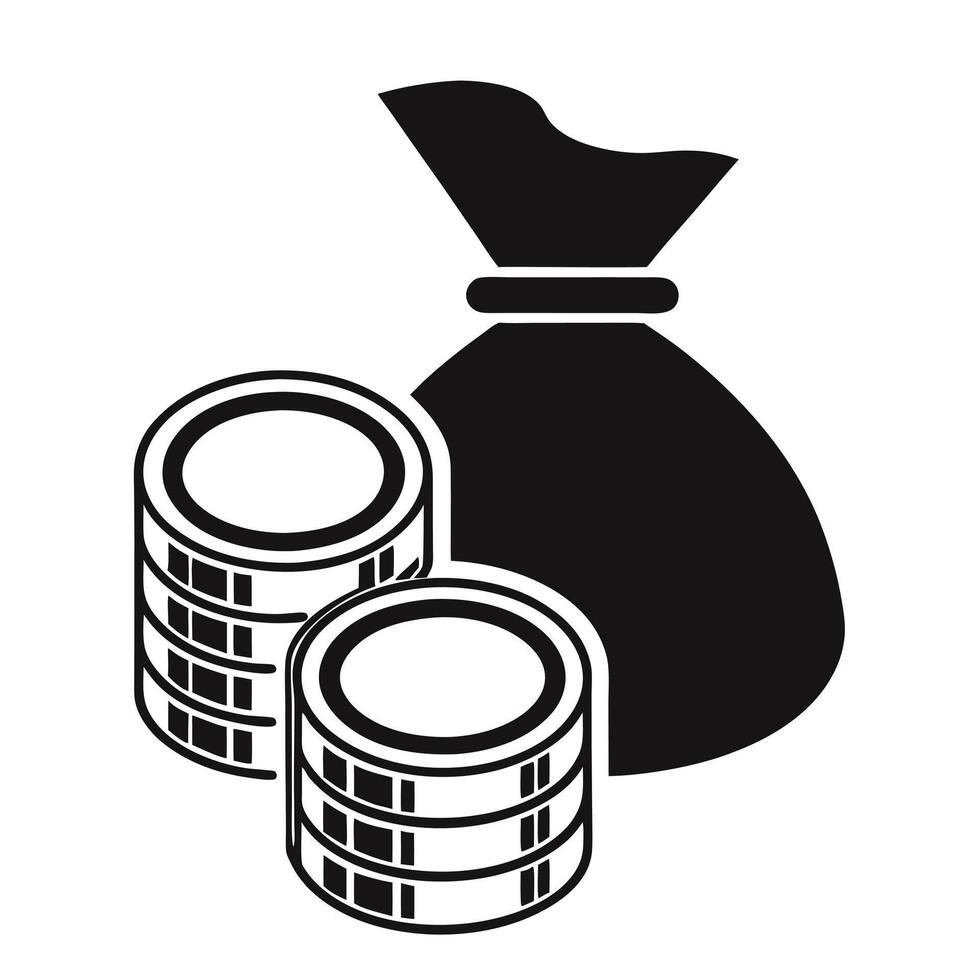 Stack Of Coins And Money Bag Illustration In Black And White vector