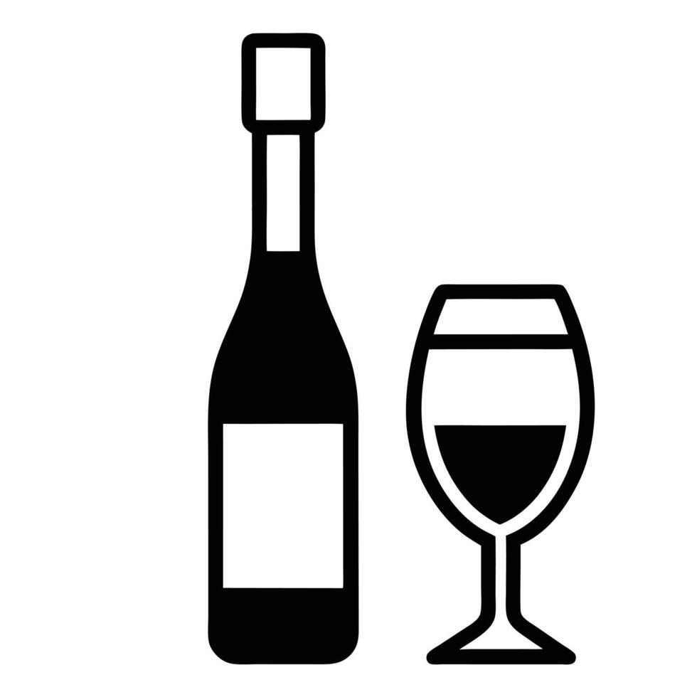 Wine Bottle And Glass Icon Minimalist Black And White Illustration vector
