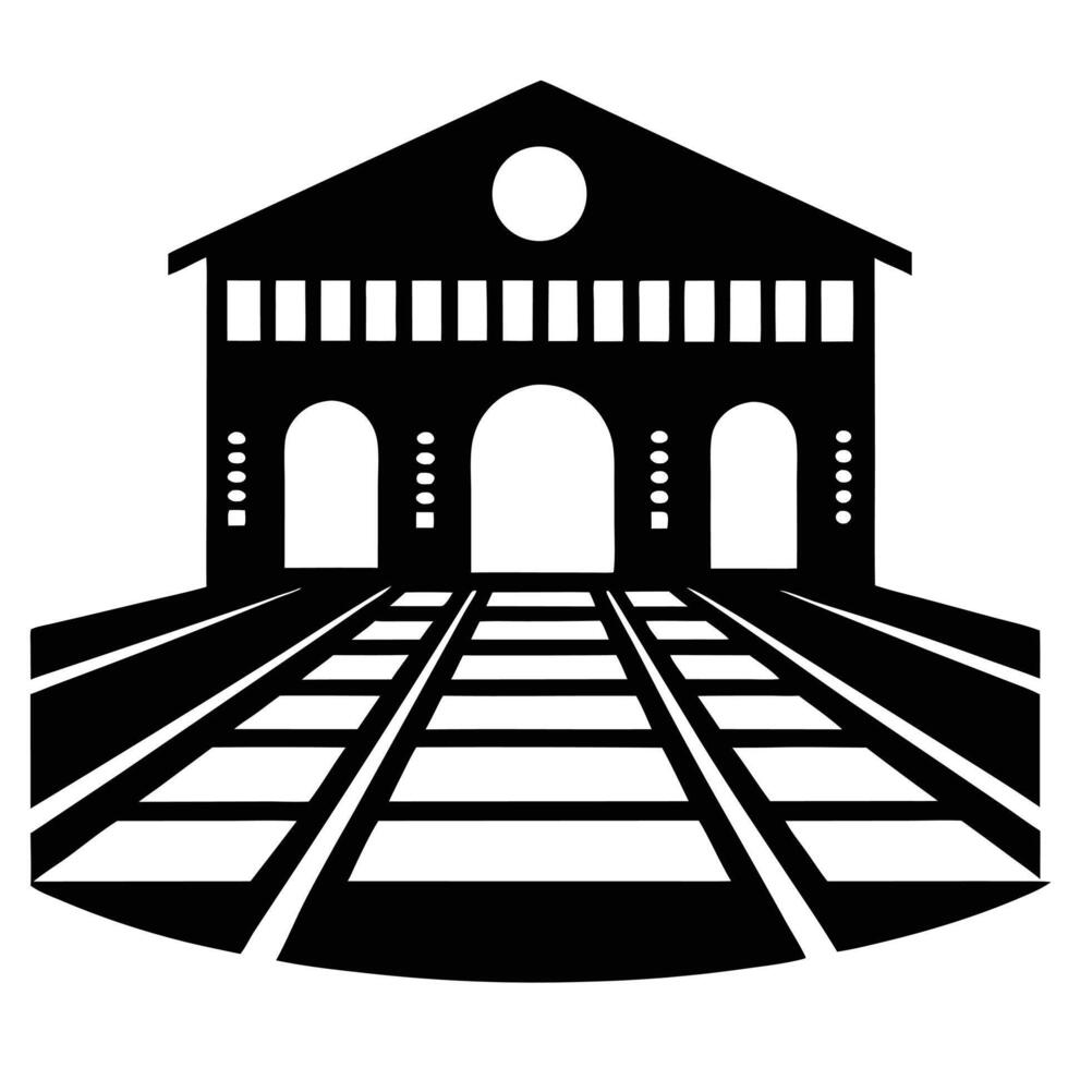 Monochrome Illustration Of A Train Depot With Tracks Leading Into The Building vector