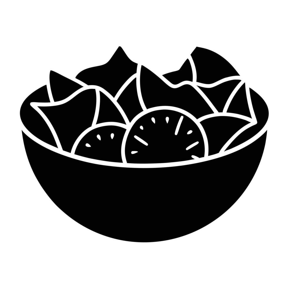 Isolated Black Silhouette Bowl With Tortilla Chips And Tomato Slices Icon vector