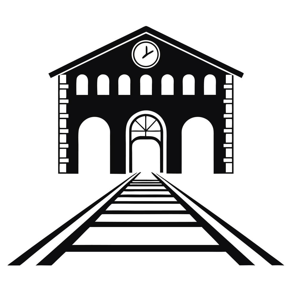 Black And White Image Of Railway Station With Clock Tower And Track vector