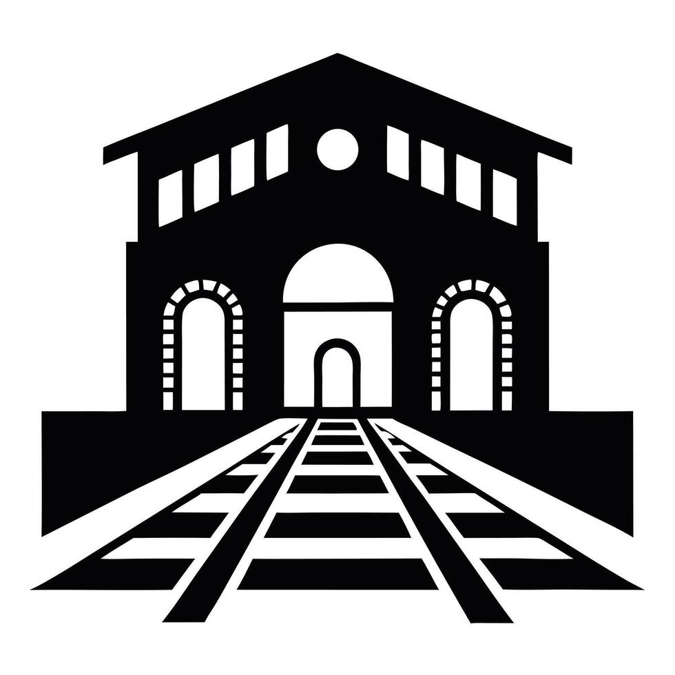 Minimalistic Black And White Train Station Silhouette With Perspective Railway Track vector