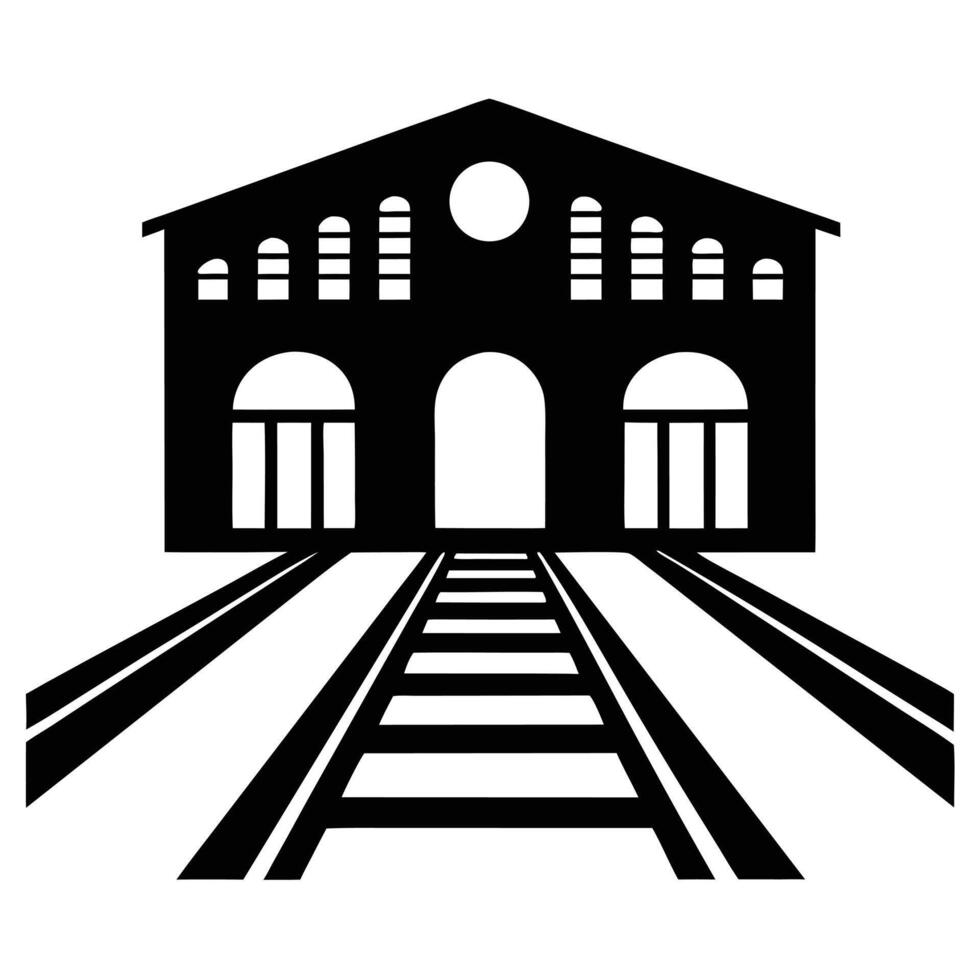 Black And White Graphic Of A Train Station With Railway Tracks vector