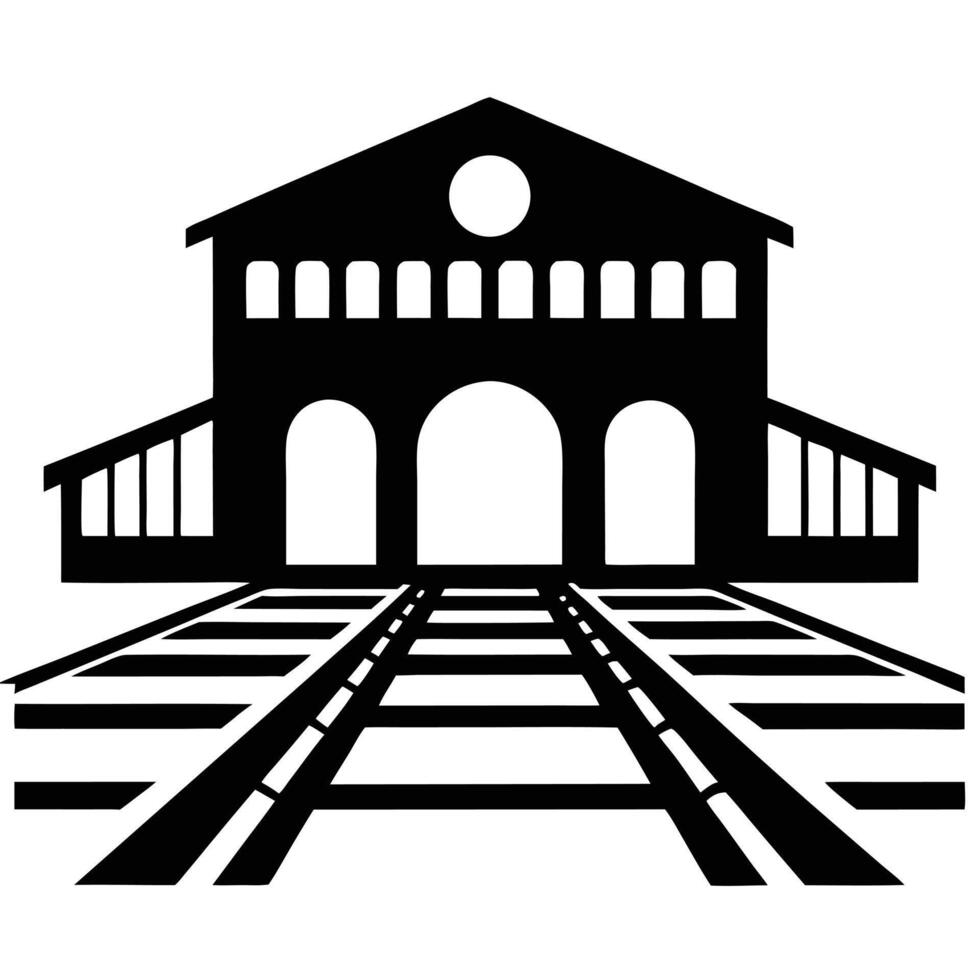 Black And White Silhouette Of A Train Station With Tracks Leading Inward vector