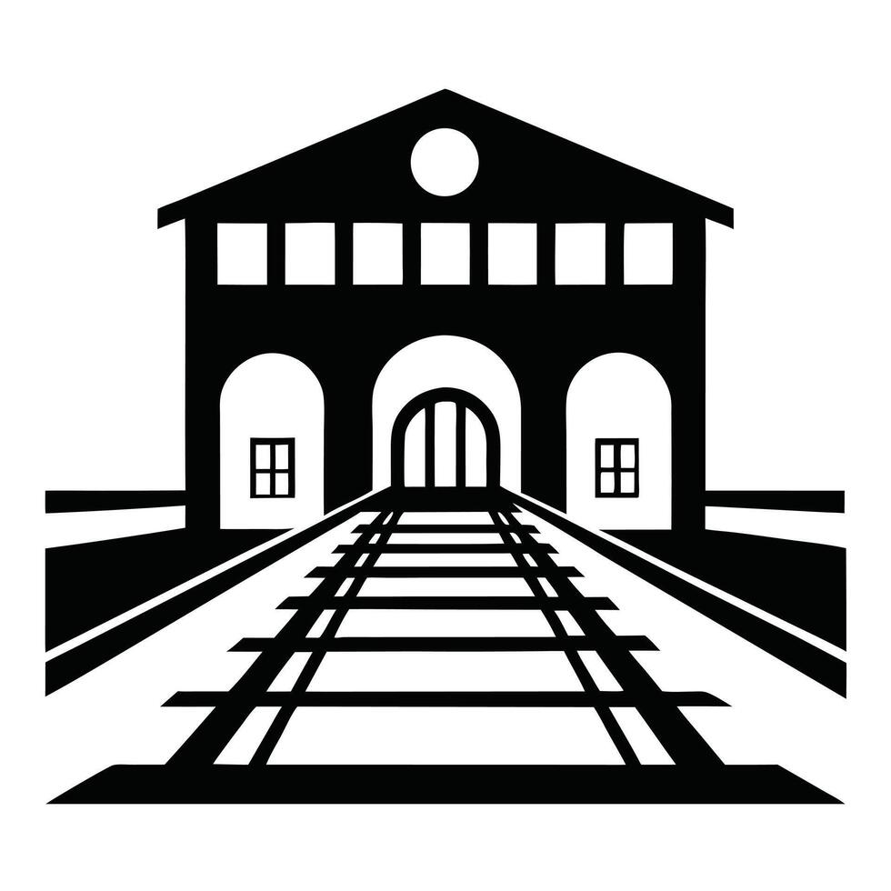 Black And White Railway Station Illustration With Train Tracks Perspective View vector