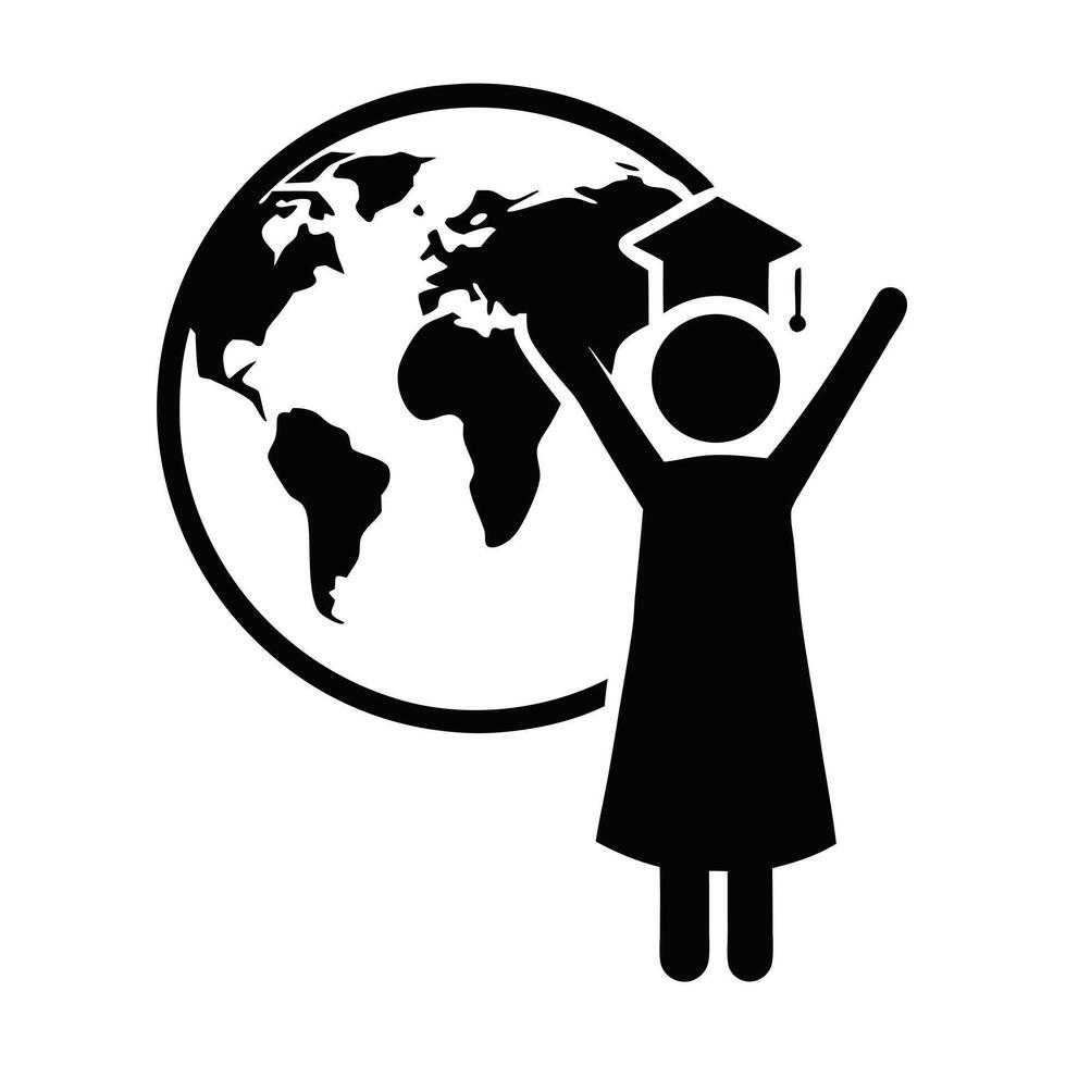 Global Education Icon Celebrating Graduation With World Knowledge Black And White vector