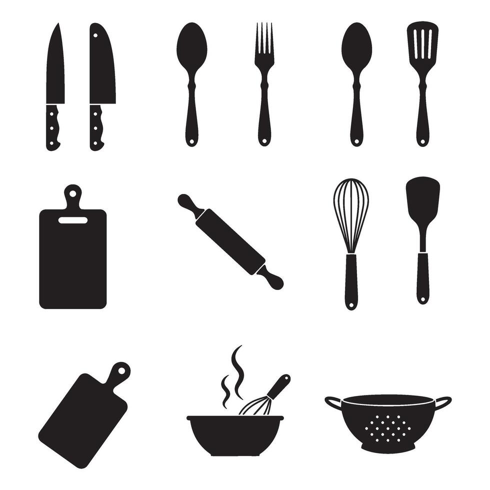 Utensil icon set in modern flat and line style with cooking tools like spoon knife fork whisk spatula rolling pin ladle and cloche perfect for culinary projects vector