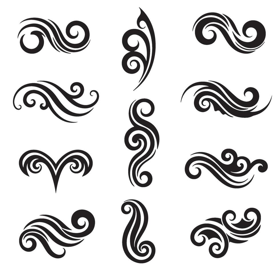 tribal swirl flash in swill tattoo design ornament set silhouette for abstract ink inspired design assets vector