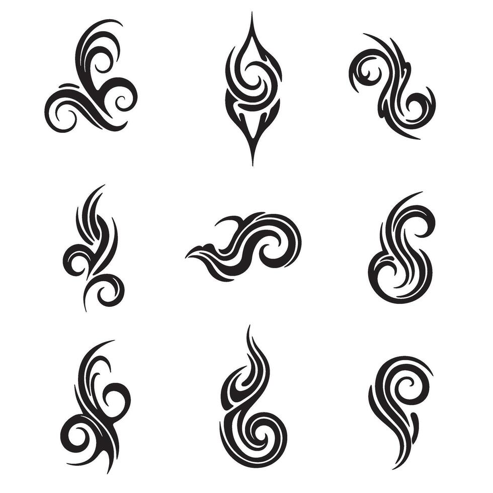 ink pack of swill tattoo design ornament set silhouette with decorative flow lines and abstract swirl elements vector