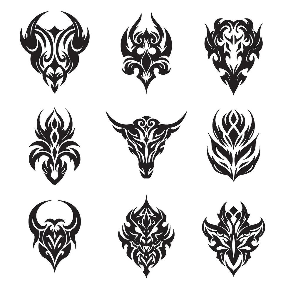 Abstract tribal body art set with animal head tattoos Maori-inspired patterning geometric shapes and winged silhouette ornament ideal for dark edgy design use or t-shirt prints vector