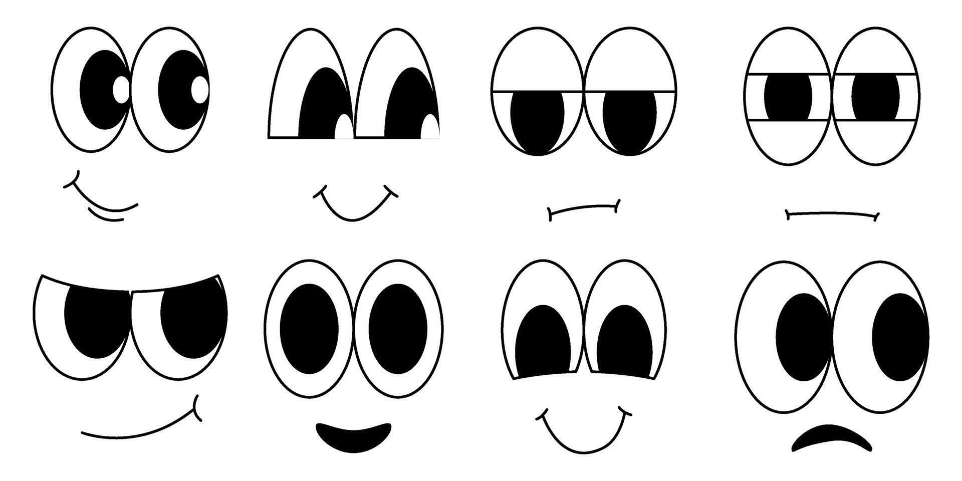 Retro cute cartoon character face set isolated on white background. Black and white style animation art. 50s mascot facial expression vector
