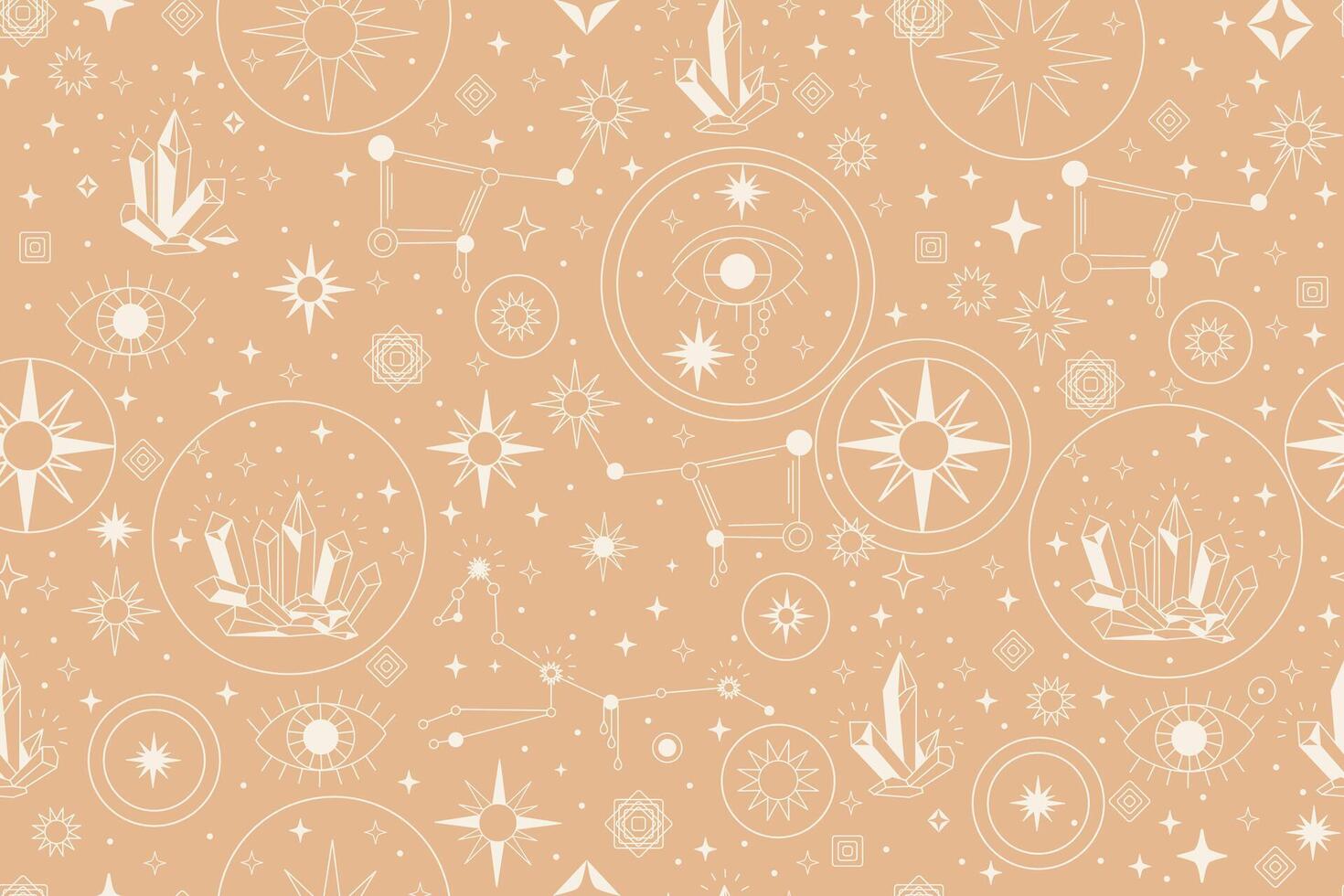 Trendy celestial seamless pattern with hand drawn spiritual space elements animals, sun, stars, moon, herbs. Boho magic background. Design for textile, cards, fabric, print, greeting, poster, clothes vector