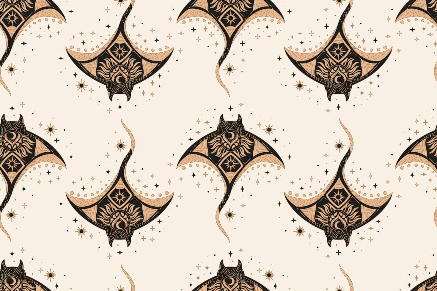 Trendy celestial seamless pattern with hand drawn spiritual space elements animals, sun, stars, moon, herbs. Boho magic background. Design for textile, cards, fabric, print, greeting, posters, clothes vector