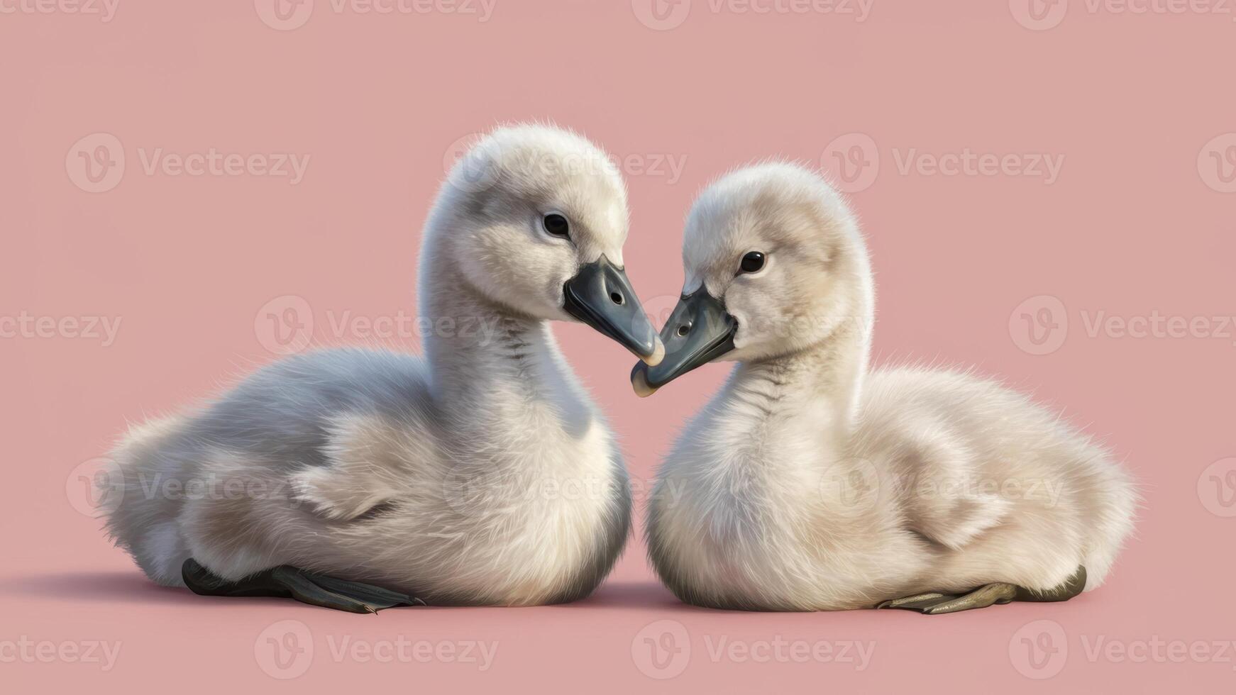 Two fluffy cygnets showing affection against a pastel backdrop photo