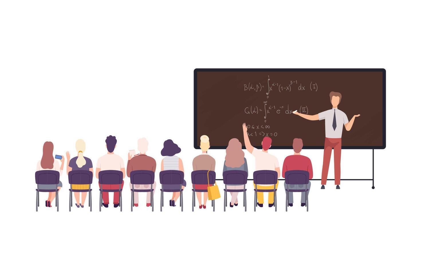 Male Math Professor Teaching Students in Classroom, University, College, High School Lesson Flat Illustration vector