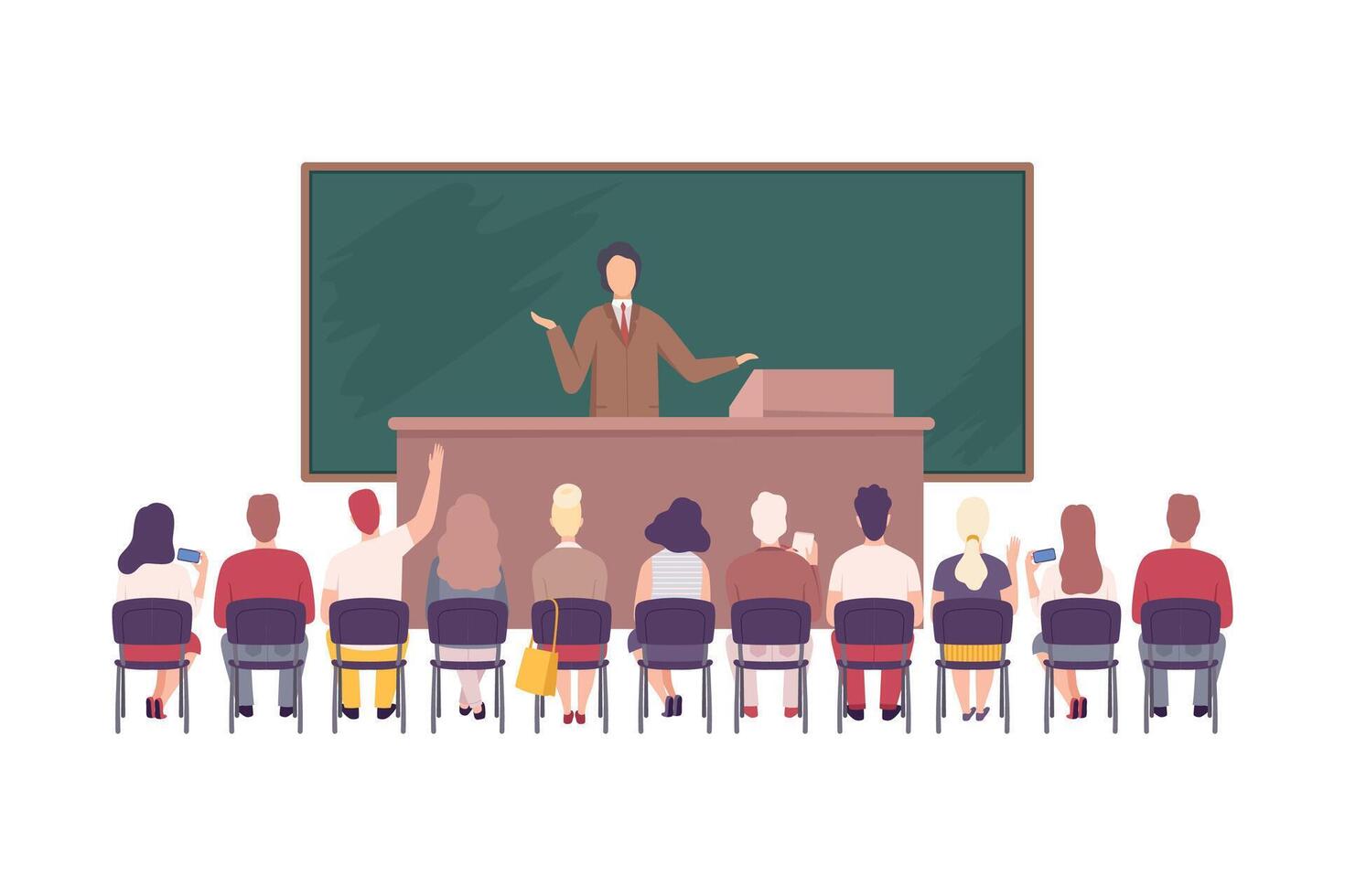 Male Professor Giving Task, Lecture to Students Sitting in Classroom Set, University, College, High School Lesson Flat Illustration vector