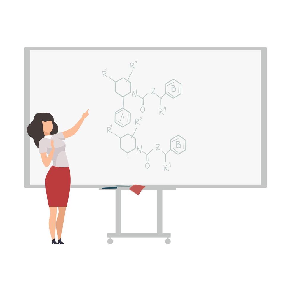 Female Physics Teacher Professor Giving Task, Explaining Seminar, Lecture while Standing in Front of Whiteboard Flat Illustration vector
