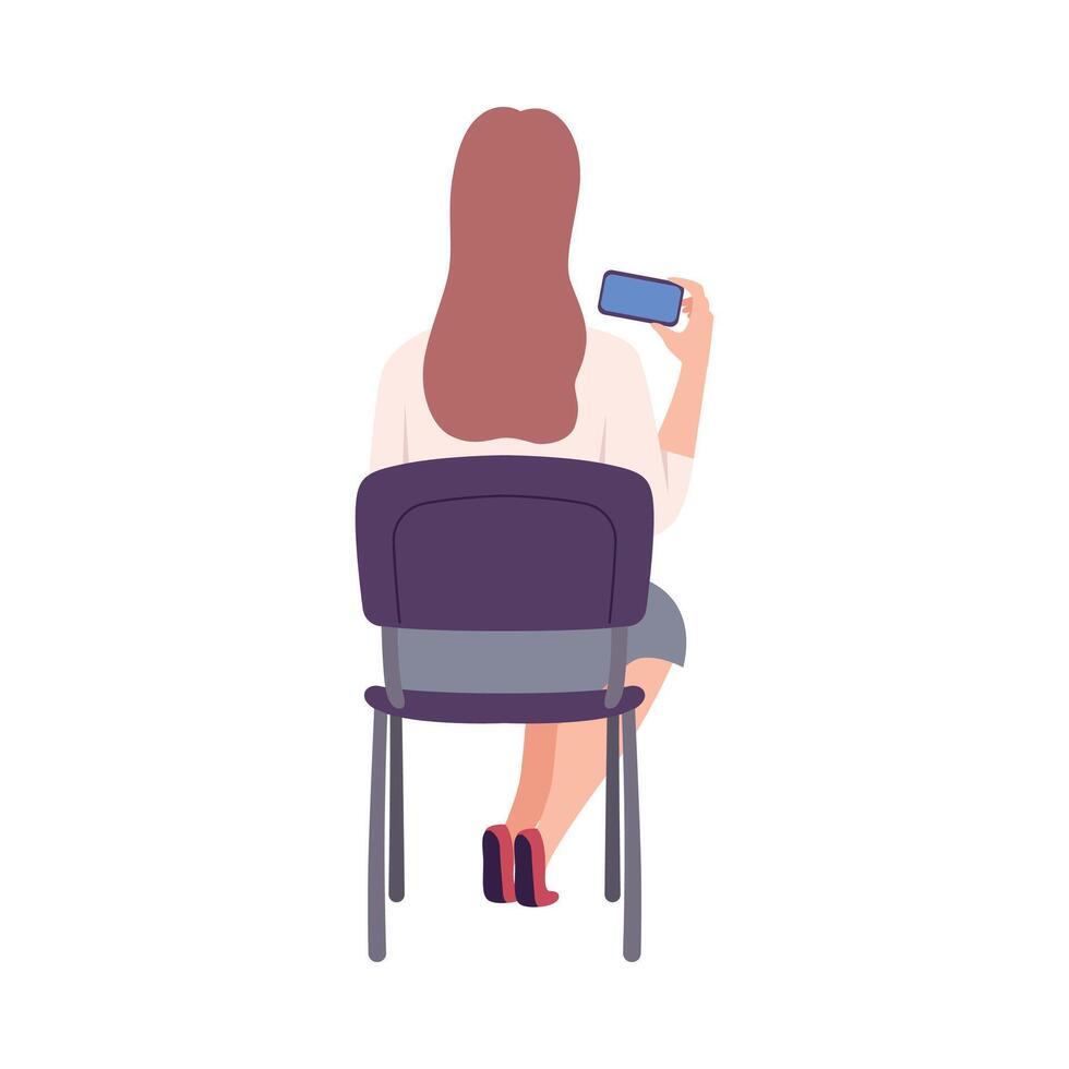 Female Student Sitting on Chair in Class, Back View of Girl Recording Lecture on Smartphone Flat Illustration vector