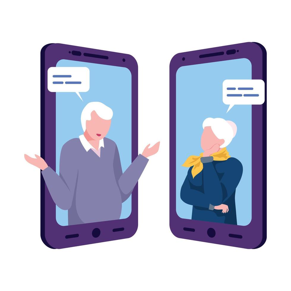 Conversation of Two Elderly People via Smartphones, Text Bubbles on Screens of Two Mobile Phones Facing Each Other, Flat Illustratio vector
