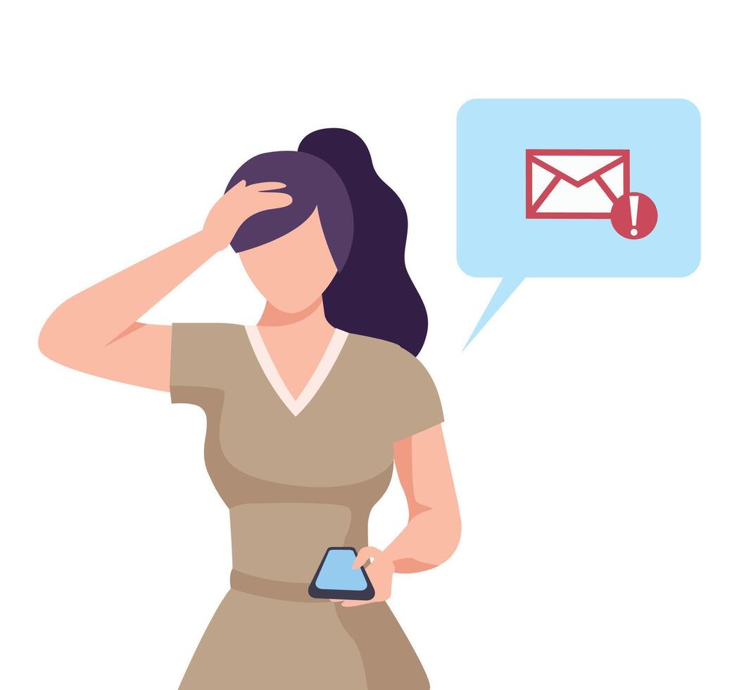 Young Woman Holding Smartphone with Incoming Message, Social Distancing or Self Isolation Concept Flat Illustration vector