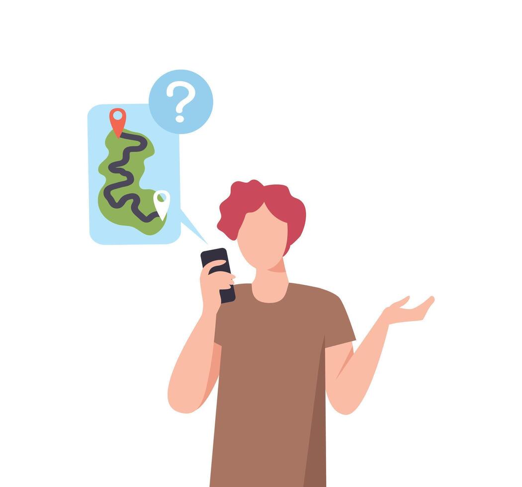 Man Using Smartphone for Navigation and Route Creation, GPS tracking on Mobile Phone, Social Distancing or Self Isolation Concept Flat Illustration vector