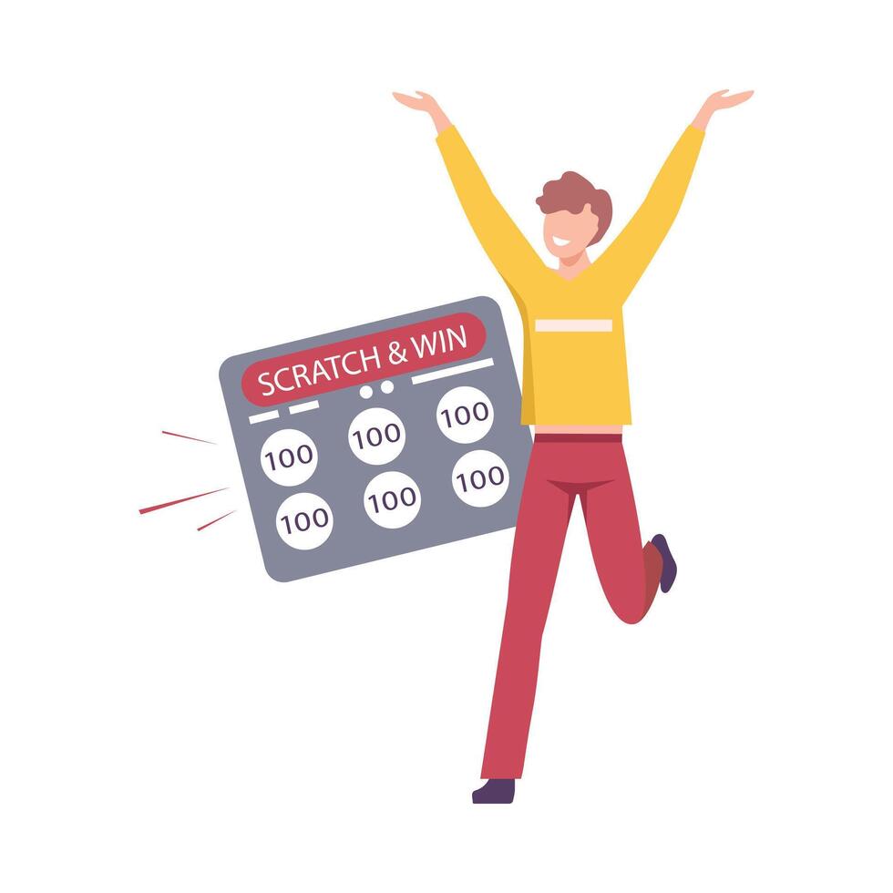 Happy Young Man Celebrating Winning of Money in Bingo Lottery Flat Illustration vector