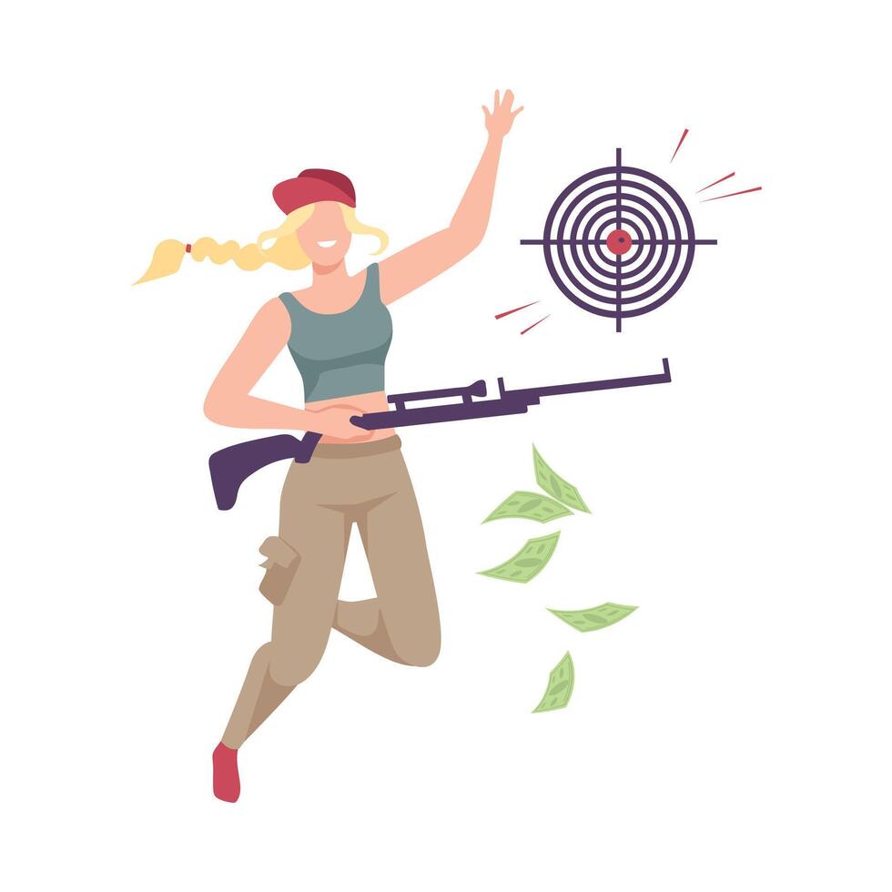 Young Woman Celebrating Her Win Playing Shooting Game, Girl Won Money Prize Flat Illustration vector