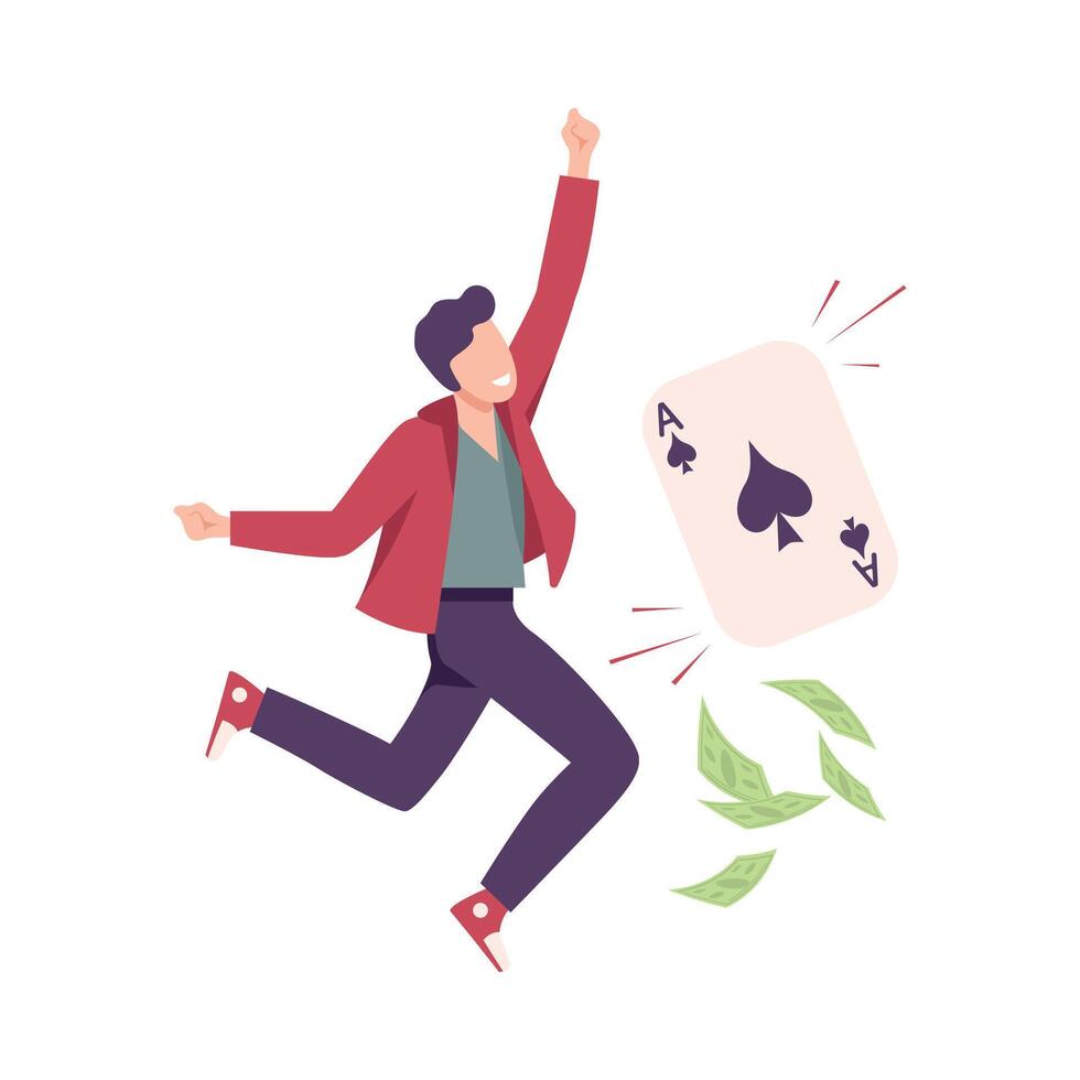 Guy Won Money Prize in Gambling Game, Happy Man with Winning Playing Card Flat Illustration vector