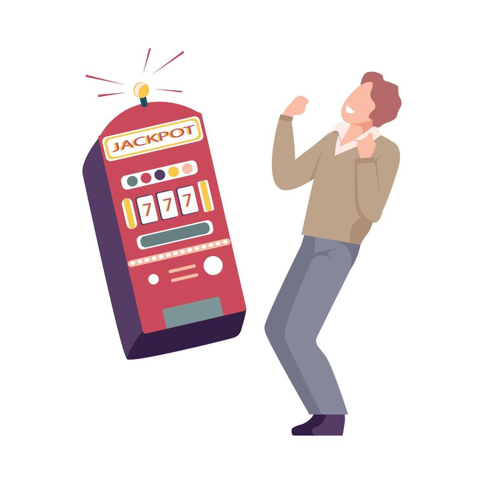 Man Celebrating Winning of Money on One Armed Bandit, Guy Won Money Prize in Casino Gamble Flat Illustration vector