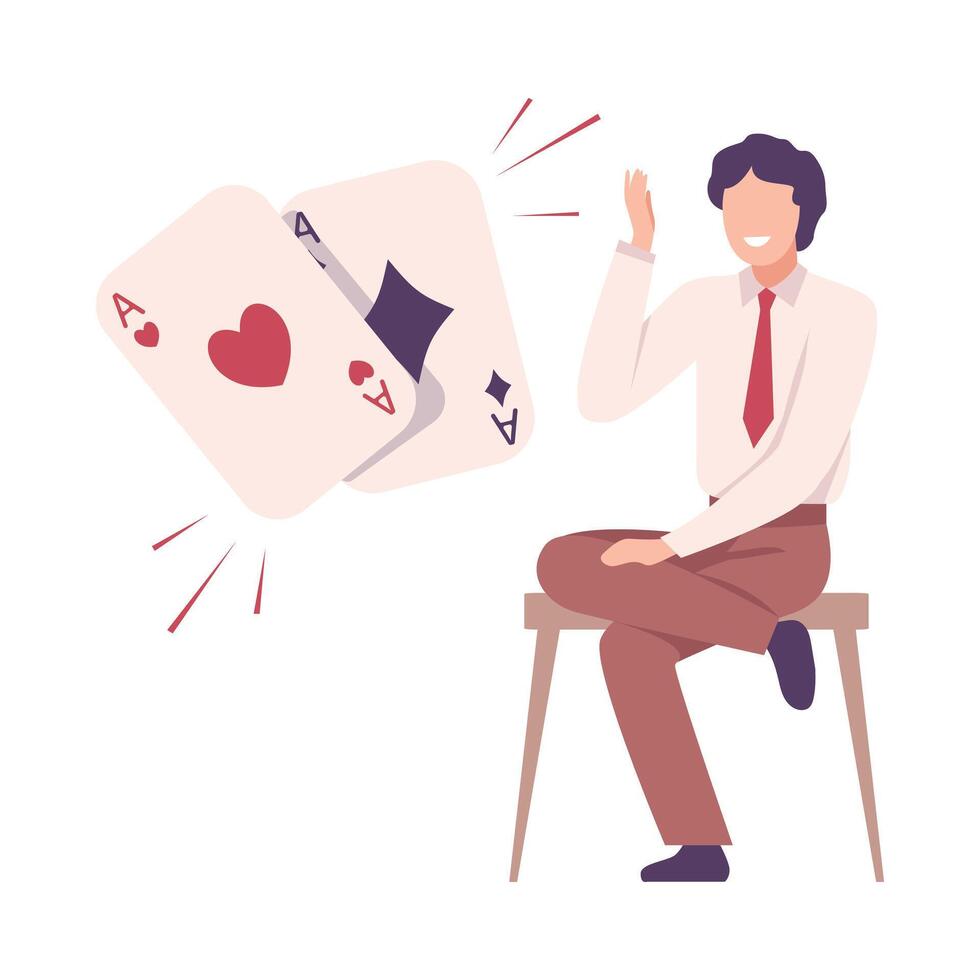 Male Poker Player Winning in Gambling Game, Tournament or Championship Flat Illustration vector